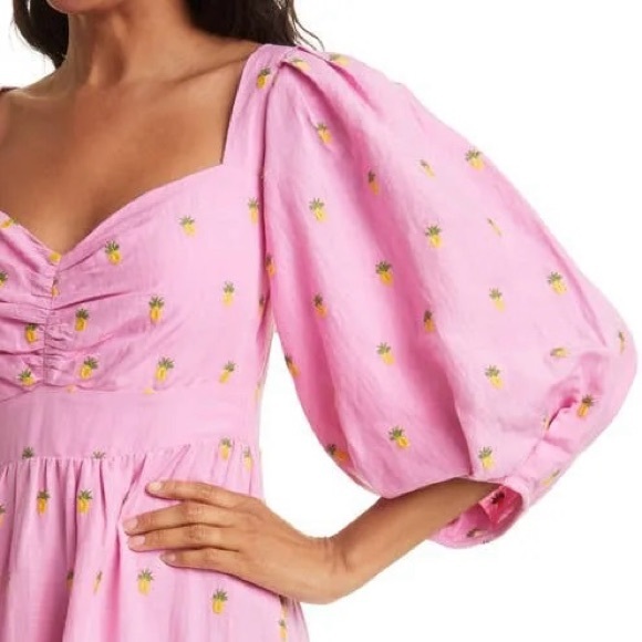 Farm Rio Pink Embroidered Pineapples Puff Sleeve Midi Linen Blend Dress, Size S - Picture 3 of 8